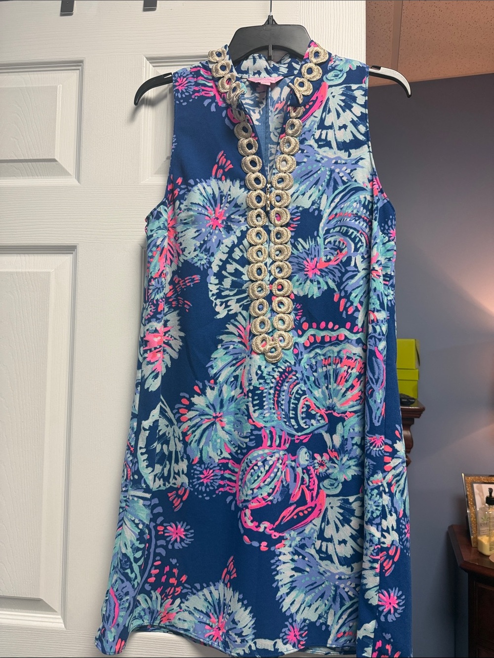 Lilly Pulitzer Navy Floral Sleeveless Shift Dress with Embellished Neckline